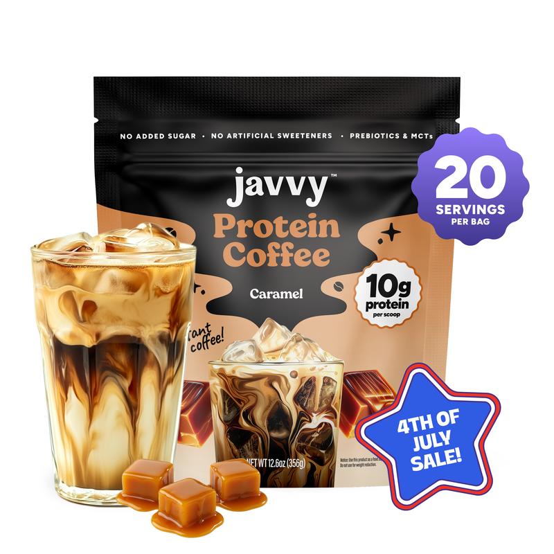 Javvy Caramel Protein Iced Coffee - Premium Whey Protein & Instant Iced Coffees - 100% Natural Cold Brew - Zero Artificial Flavors & Sweeteners, 80 mg Caffeine Per Serving, No Added Sugar, 20 Servings