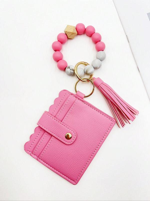 Fashion Beaded Decor PU Leather Keychain, Tassel Decorated Wrist Strap Keychain, Casual Jewelry for Women, Keychain Wristlet
