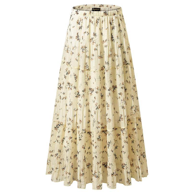 NASHALYLY Women's Chiffon Elastic High Waist Pleated A-Line Flared Maxi Skirt Flower Breathable Comfortable Casual Summer Wear White Black Christmas Vintage Floral Bohemian Boho Womenswear