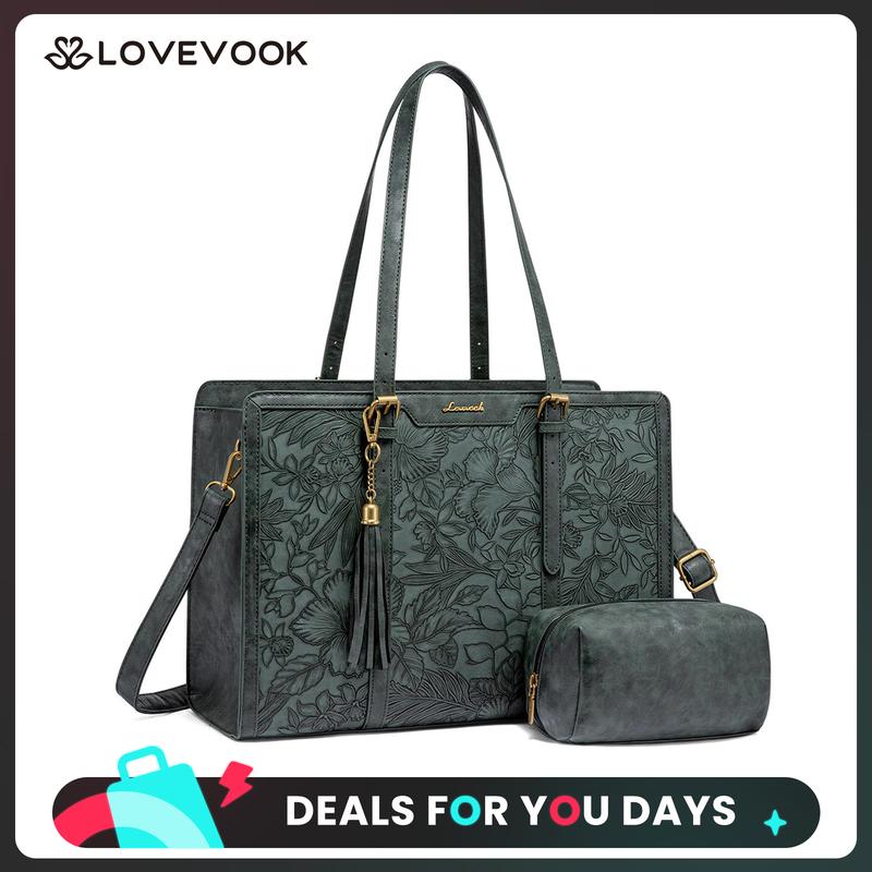 【Black Friday】LOVEVOOK Canvas Laptop Tote Bag 15.6 and 17.3 inches for Women with Clutch Purse, Lightweight Tote Bag with 2 Cup Holder, Purses for Women, Computer bag for Work, Office, Casual. Christmas Gift Ideas TikTokShopBlackFriday