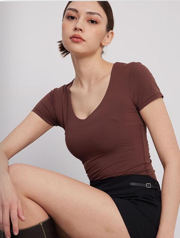 PUMIEY Snatched V Neck Fitted T-Shirt, Double Layer Not See-Through, Buttery Soft Stretch Tee, Minimal Everyday Essential summerwins