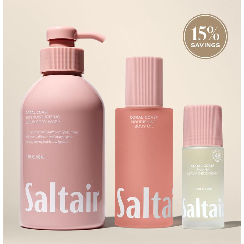 Saltair Coral Coast Essentials Set - Serum Body Wash (17 fl oz), Nourishing Body Oil (4 fl oz) & AHA Serum Roll-On Deodorant (1.7 fl oz) Bundle for Soft, Glowing Skin - Coconut, Guava & Water Lily