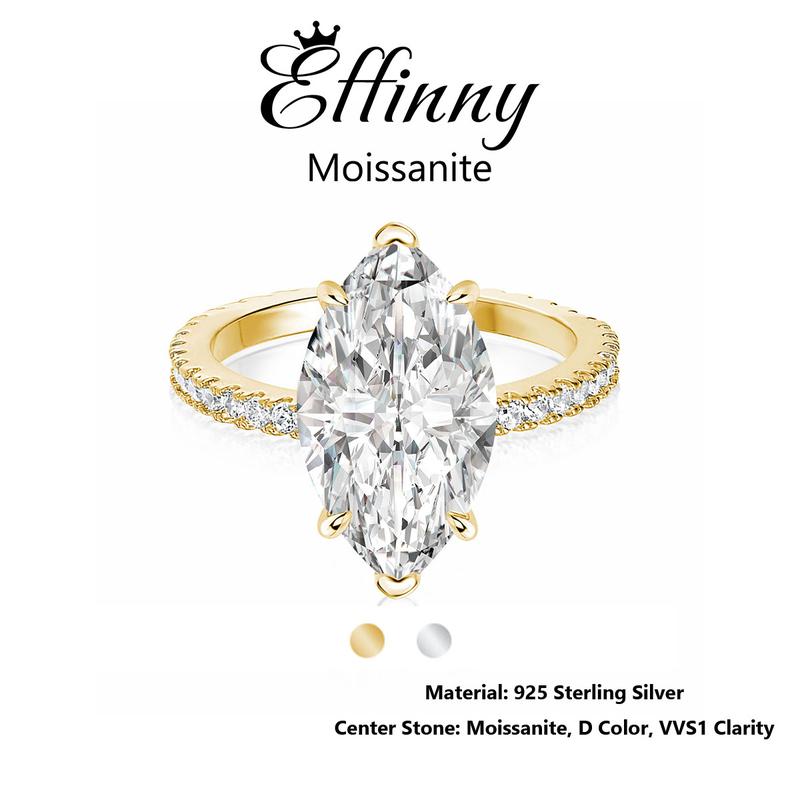 Effinny 14K Gold Plated Synthetic Moissanite Non-tarnish Marquise Excellent Cut D Color VVS1 Engagement Ring, 925 Sterling Silver 4.0 Carat Promise Travel- friendly Jewelry for Women, Moissanite Rings, Elegant Everyday Ring