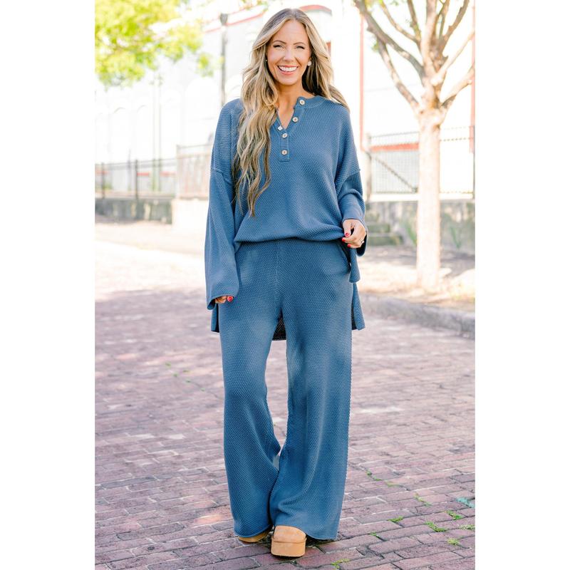 Gone Wild Set Blue Knit Duo with Elastic Waist Pockets & V-Neck Buttons for Lounging or Casual Outings