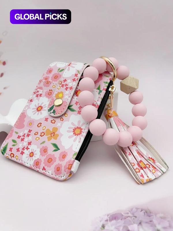 Women's Boho Beaded & Tassel Decorated Keychain with Flower Pattern Wallet, Girlfriend Gifts, Cute Trendy Keychain, Chic Gorgeous Keychain for Key & Bag, Bag Pendant
