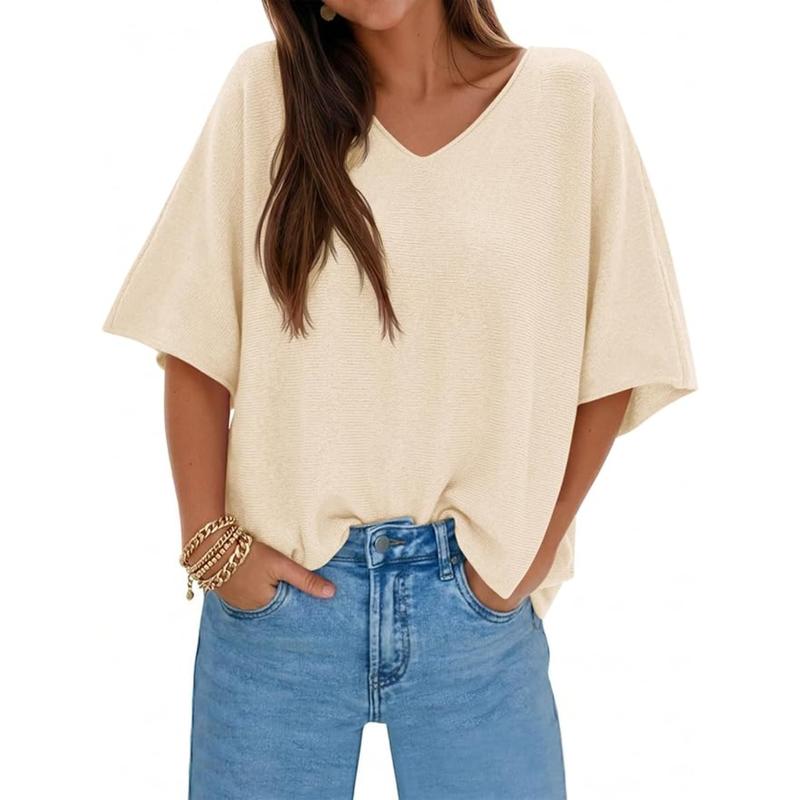 Saodimallsu Women's Oversized Summer Knit Sweater - Half-Sleeve Batwing V-Neck Dolman Tops, Lightweight Loose-Fitting Casual Tops for Women, Minimalist Basic Trendy Wear outdoorfun