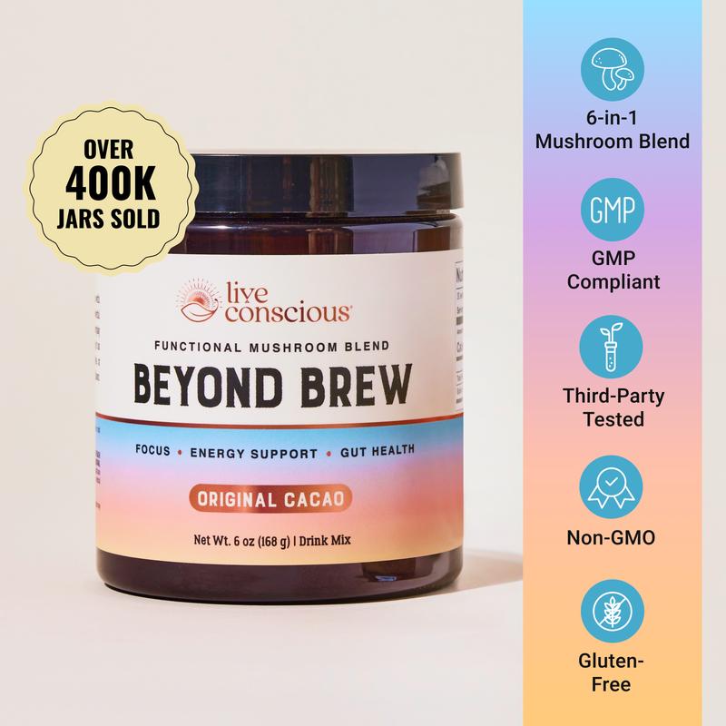 Live Conscious Beyond Brew - 6-in-1 Functional Mushroom Blend, Powder Drink Mix - Low Caffeine Alternative - Pre & Probiotic Gut Support