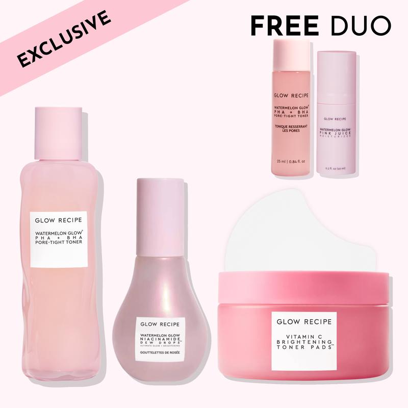 Glow Recipe Watermelon Gel Toner Pads - 115g Exclusive AM Skincare Routine Bundle, AHA-Infused, Gentle, Pore-Tightening, Brightening, Calming, Hydrating, Skin Repair, for Adults with Dry & All Types, Korean Glass Radiance