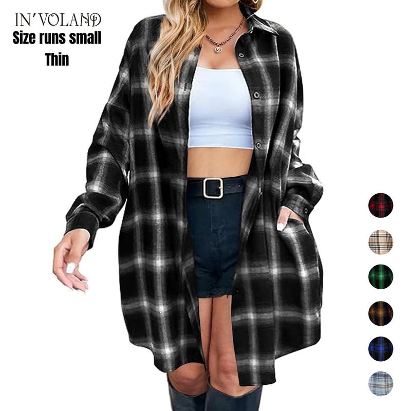 IN'VOLAND Women's Plus Size Oversize Chic Polyester Long-Sleeve Button-Down Plaid Flannel Shacket Tops - Comfy Loose Jacket with Pockets, Lightweight Soft Tunic (Note: Size Runs Small, Thin Fabric)
