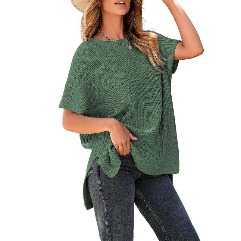 Shewin 2026 SummerVibes Top Women's Crew Neck Short Sleeve Oversized Knit Fabric Solid Color for Casual Wear