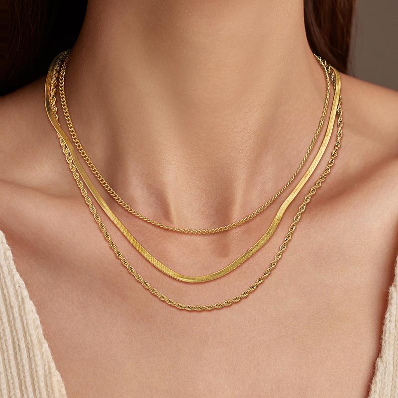 Tewiky Greenish Spring Jewelry Minimalist Fashionable Necklaces Herringbone 3 Pcs for Women,Dainty Snake Chain Choker Necklaces Simple beautiful Valentine's Day Jewelry Gift for Women