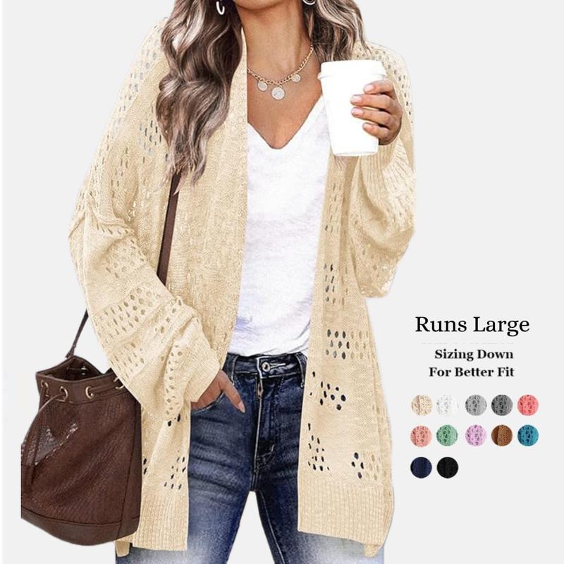 Lightweight Crochet Cardigan Oversized 2026 New for Women Long Sleeve Open Front Knit Summer Sweaters A White Basic Minimalist Knitwear Tops Fit Knitwear Batwing Beach Casual Womenswear runs large