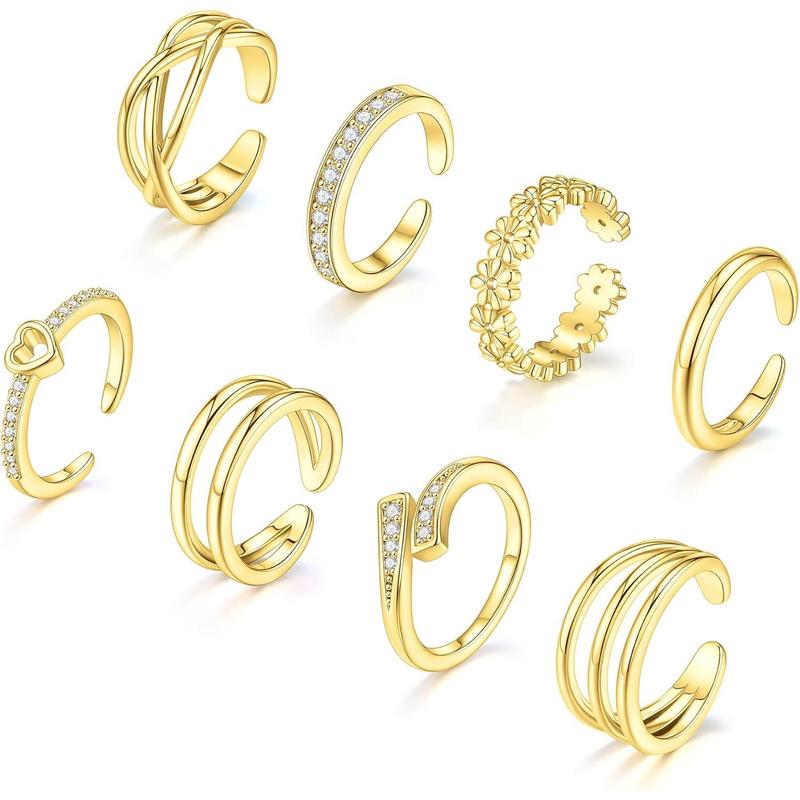 8 Pcs Toe Rings for Women Gold Silver Simple Open Adjustable Band Toe Rings Set Beach Foot Jewelry for Summer Gold Plated Copper Hypoallergenic Stackable Rings, Toe Ring Stackable, Gold Plated Toe Rings