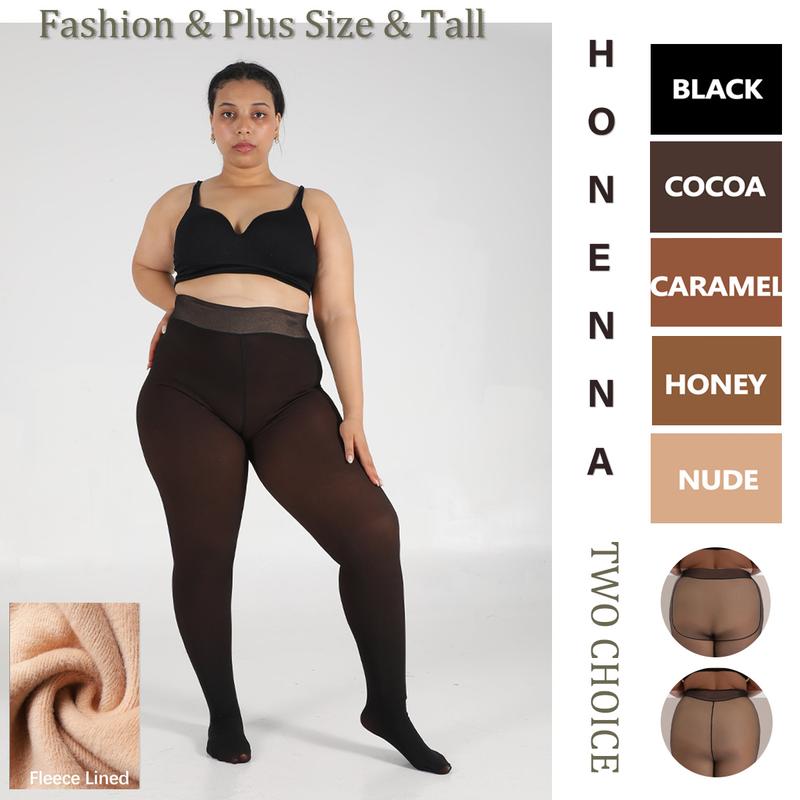 HONENNA Women's Plus Size Fleece-Lined Tights, Thick High Waist Winter Thermal with Mock Transparent Look for Curvy Party Wear, Basic