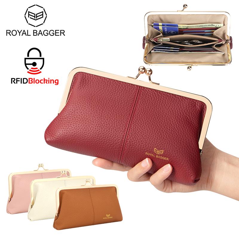 Royal Bagger RFID Kiss Lock Wallet, Solid Color Multi-card Slots Card Holder, Genuine Leather Clutch Purses for Women 1468