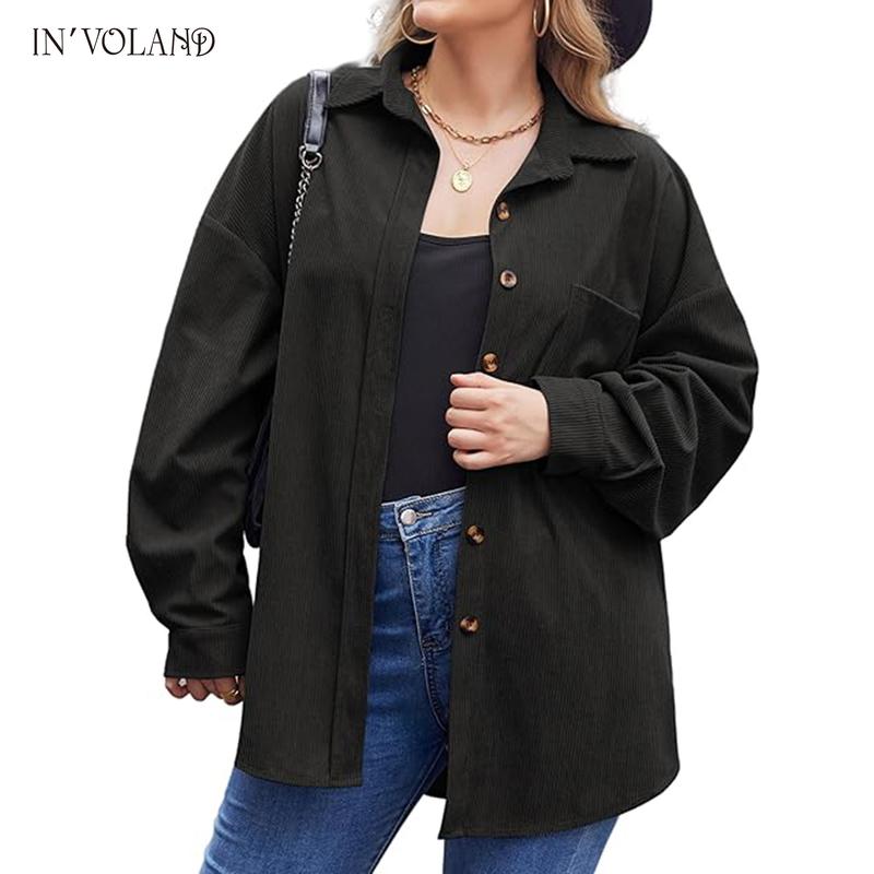 IN'VOLAND Women's Plus Size Retro Soft Corduroy Batwing Long-Sleeve Button-Down Solid Shacket - Fashion Casual Tops, Lightweight Loose-Fit Fall Jacket with Spandex Fabric