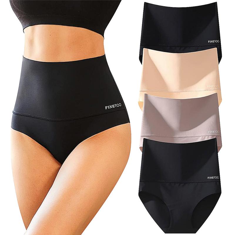 FINETOO Women's High Waist Seamless Underwear Plus Size Brief No Show Elastic Comfortable Panties 4 Pack S-XXXL Springtok