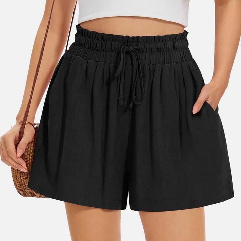 UEU Womens Linen Blend Pants Summer Wide Leg Casual Loose High Waist Drawstring Palazzo Capri with Pockets
