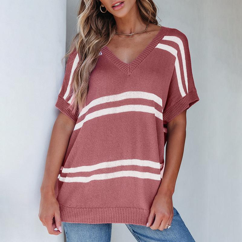 Shewin 2026 SummerVibes Top Women's Short Sleeve Loose Fit Acrylic Striped Stretchy for Casual Wear