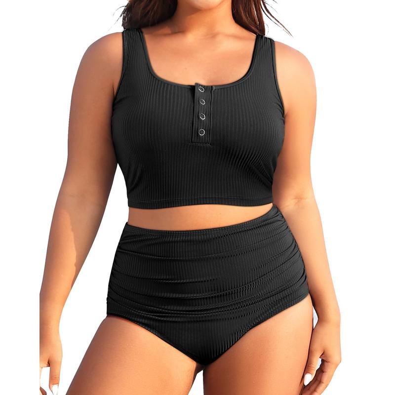 Yonique Plus Size Two Piece Swimsuit - Womens High Waisted Bikini Tummy Control Bathing Suit Ribbed Swimwear  SwimWeek  summervibes