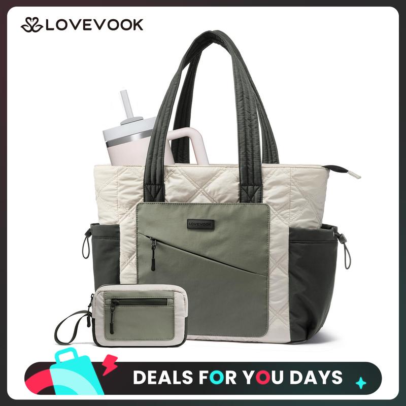 LOVEVOOK Laptop Tote Bag for Women, Large Quilted Puffer Tote bag with Four Cup Holders, Work and Travel Shoulder Bag, Lightweight Puffy bag, Nurse Handbag DealsForYouDays