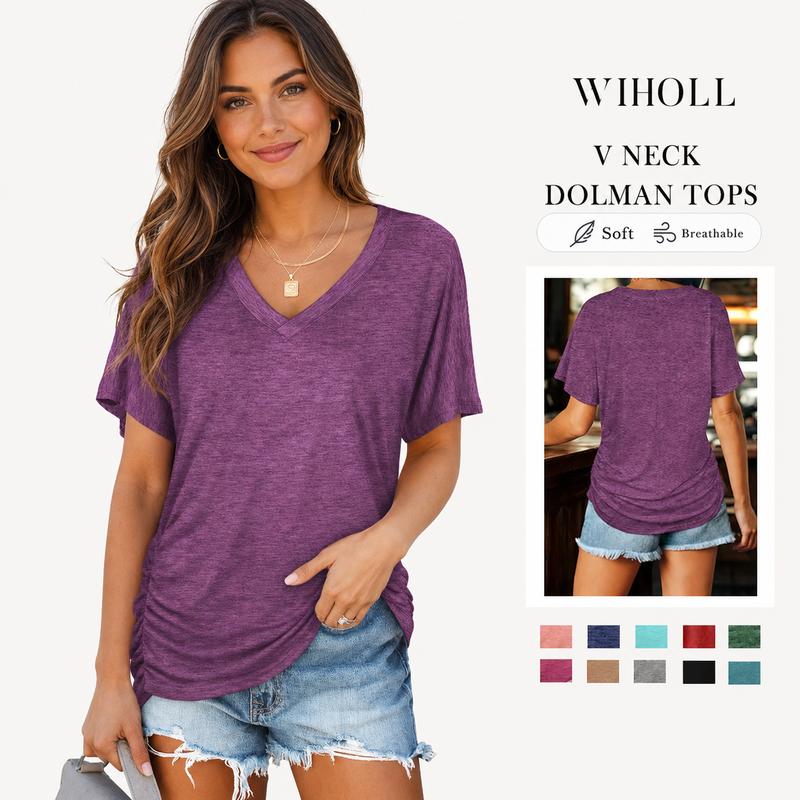 WIHOLL SwimWeek Womens Short Sleeve V Neck Dolman Tops with Side Shirring Loose Fit Shirts