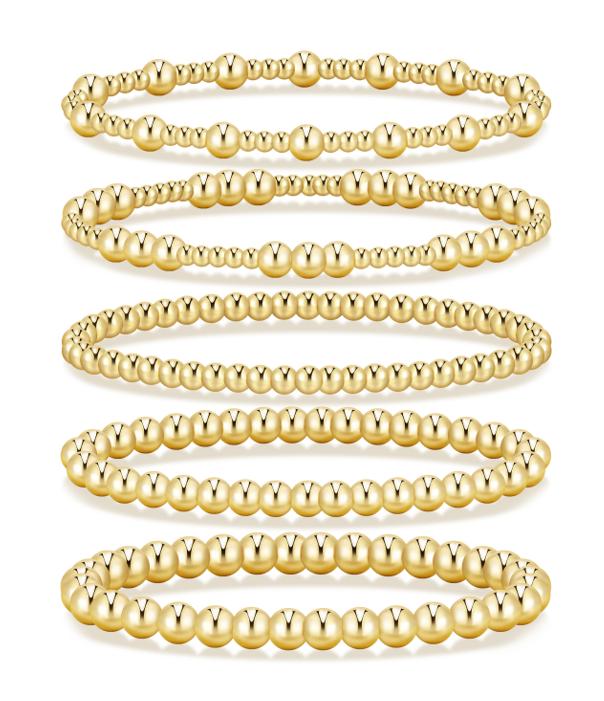 17KM Gold Bracelet for Women Waterproof, Beaded Strand Bead Ball Bracelet stack Adjustable  for Gifts