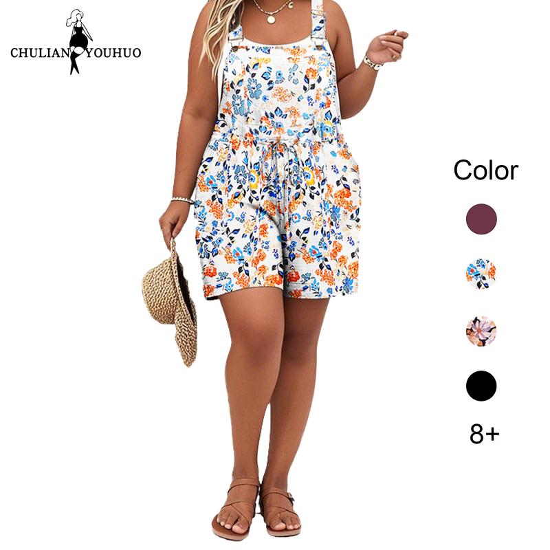 Chulianyouhuo 2026 Women's Plus Size Jumpsuit Overalls Strappy High Waist Short Romper with Pockets Casual Sleeveless Fitted Summer Beach Wear Womenswear Tiktokshopmothersday