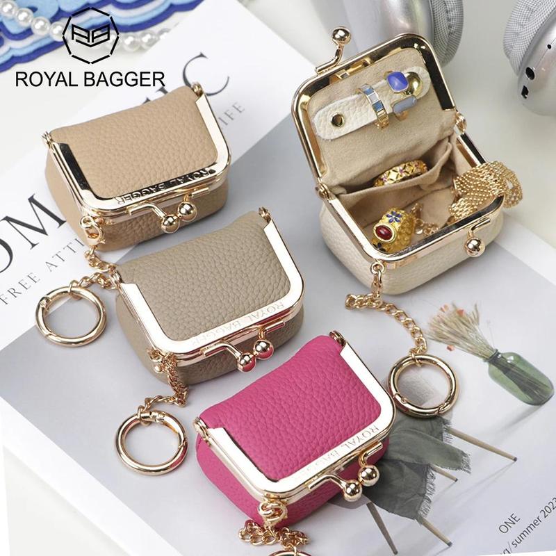 Royal Bagger Women's Genuine Leather Kiss Lock Coin Purse, Mini Trinket Box and Jewelry Organizer with Removable Keychain, Coin Storage Women's Wallets