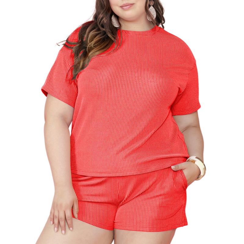 【Plus Size】Asvivid Two-Piece Set Solid Drop Shoulder Tee & Elastic Waist Shorts, Casual Fashion Cozy Round Neck Short Sleeve T-shirt & Shorts for Daily Outdoor Wear, Women's Two-piece Outfits for Summer