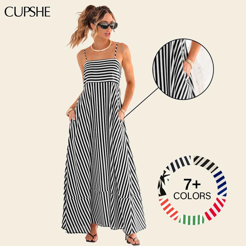 CUPSHE Women's Casual Wear Sleeveless Waist-Striped Maxi Dress - Lady's Viral Flattering Square Neck Boho Style Dresses with Ruffle Hem, for Beach Vacation (Sizes XS-XXL) #tiktokshopmemorialday