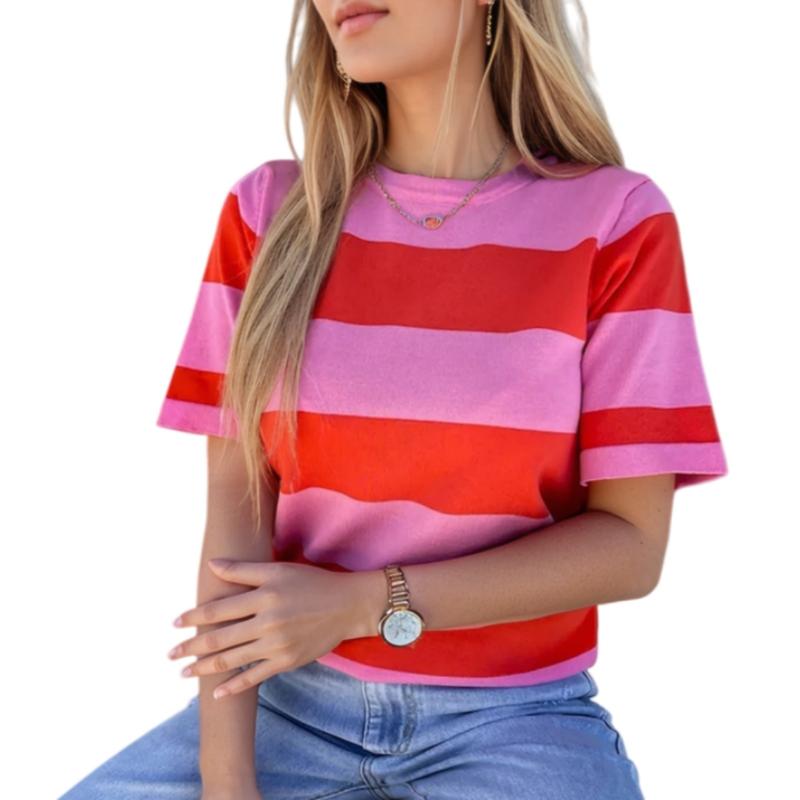 Asvivid Women's Summer Tops Bright Pink Colorblock Striped Ribbed Knitted Round Neck T Shirt Stripe Top Casual Womenswear Tshirt