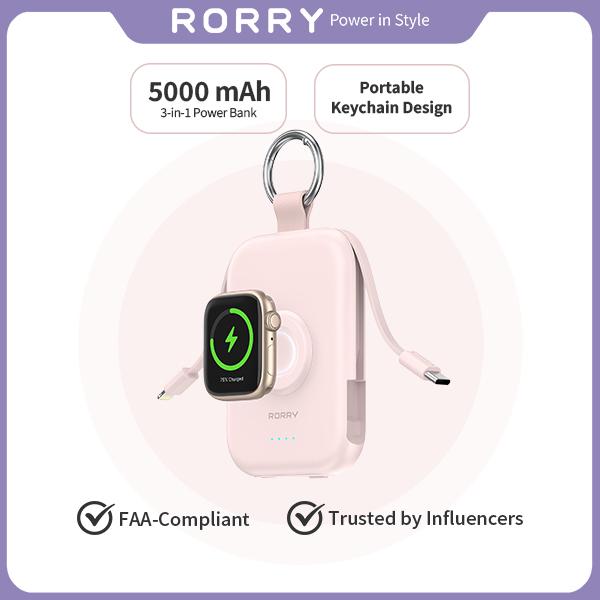 RORRY CharmGo 5000mAh Portable Charger Power Bank with Built-in Cables Travel Keychain Battery Pack for Apple Watch iPhone AirPods Compact & Travel-Friendly Gift Ideas