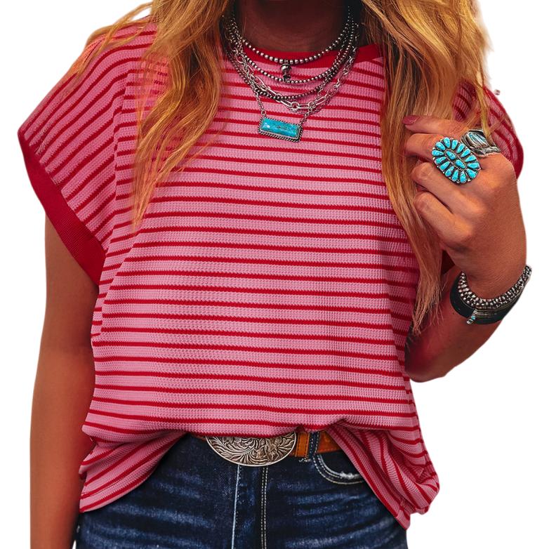 Asvivid T Shirts Women Striped Ribbed Knitted Top Drop Shoulder Round Neck T-Shirt Summer Tops Daily Everyday Wear Shirt Casual Fashion