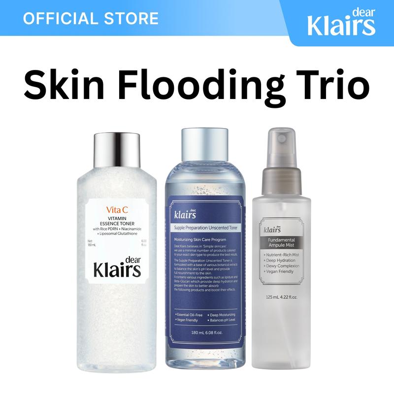 [Dear Klairs Official] Skin Flooding Trio, Panthenol Green Tea Mist, Supple Prep Unscented Moisturize Toner, Vitamin Vegan PDRN Toner, Korean Skincare Evening Calming Moisture Glutathione