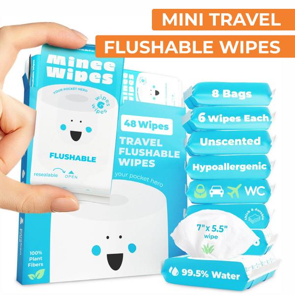 Mini Travel Flushable Wipes (Credit Card Size) - Pocket Butt Wipes for Adults & Kids, Unscented Travel Essentials by Minee Wipes