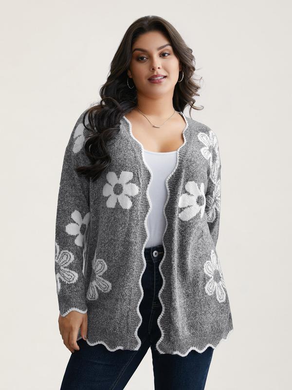 BloomChic Women's Floral Print Knitting Cardigan, Full Sleeves Kimono Collar Drop Shoulder Open-Front Top, Polyester Knit Loose Cut Fall/Winter Dark Gray/Black Casual Knitwear Swimweek