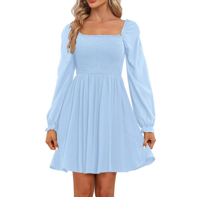 Holipick Plus Size Teen Casual Fall Wedding Guest Smocked Square Neck Dresses Long Sleeve Cute Flowy Short Dress 2026 DealsForYouDays