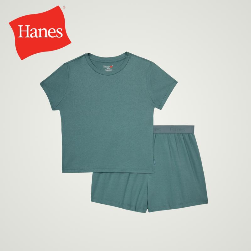 Hanes Originals Women's 2-Piece Lounge Set RIBBED SuperSoft Cropped Baby Doll Tee & Sleep Shorts Loungewear Comfort Pajama Womenswear