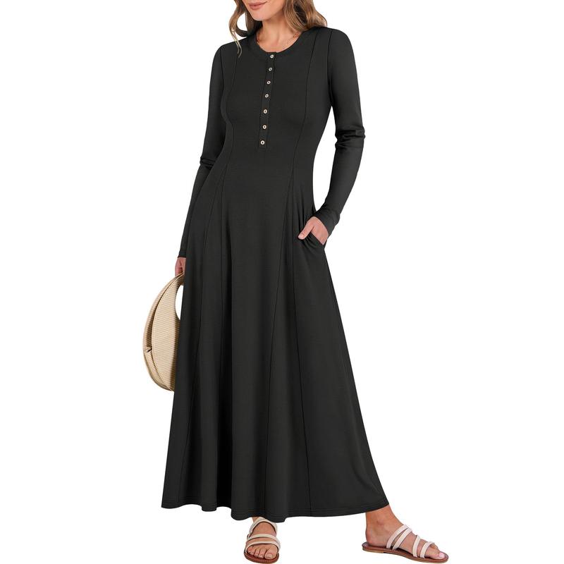 ANRABESS Women's Long Sleeve Maxi Dress 2026 Fall Casual Button Fit & Flare A-Line Swing Flowy Long Dresses Trendy Outfits