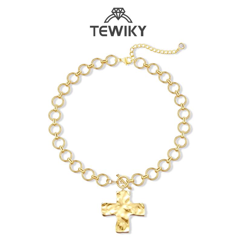 Tewiky Gold Chunky Necklace For Women Statement Cross Pendant Necklace Layered Hammered Bold Cross Necklace Vintage Toggle Clasp Necklace Jewelry For Easter summerwins