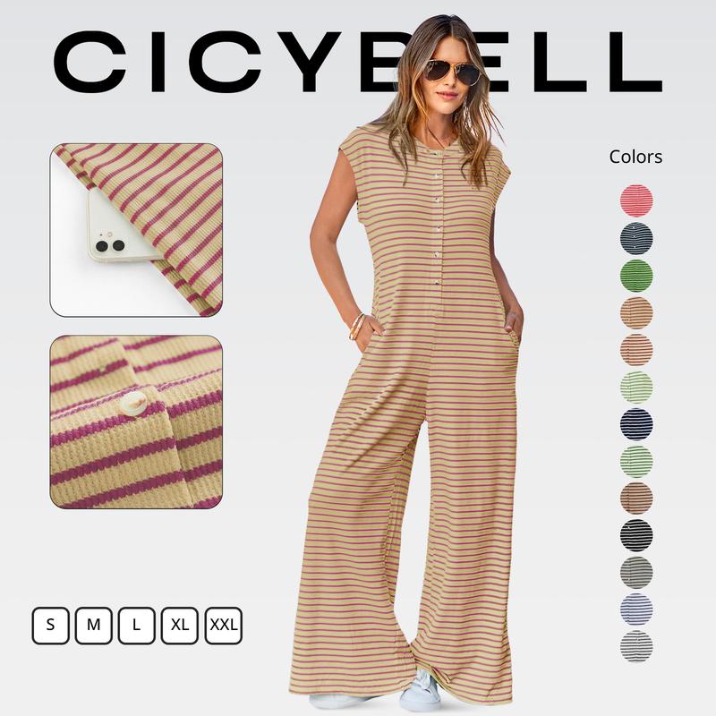 Cicy Bell Womens Casual Striped Jumpsuits Summer Cap Sleeve Wide Leg Jumper Romper Button Down Travel Beach Outfits