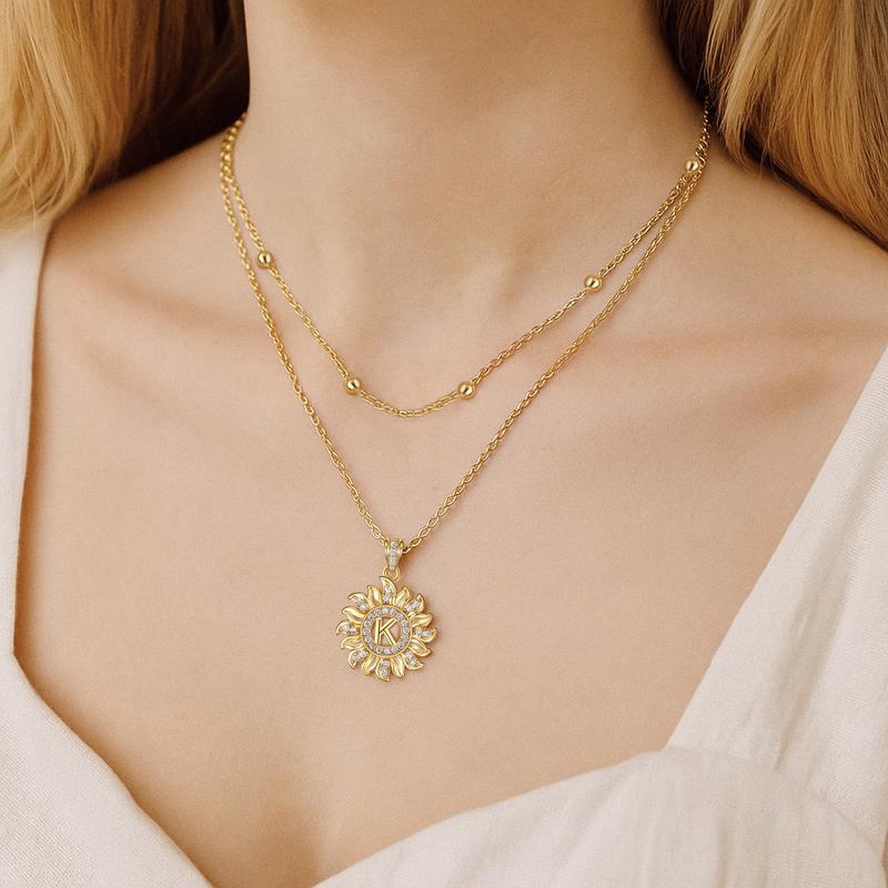 MEIITRUE Sunflower Initial Pendant Necklace for Women, 14K Gold Plated Letter Layer Neckalce with Sparkling Zirconia, Hypoallergenic Jewelry for Women & Girls summerwins