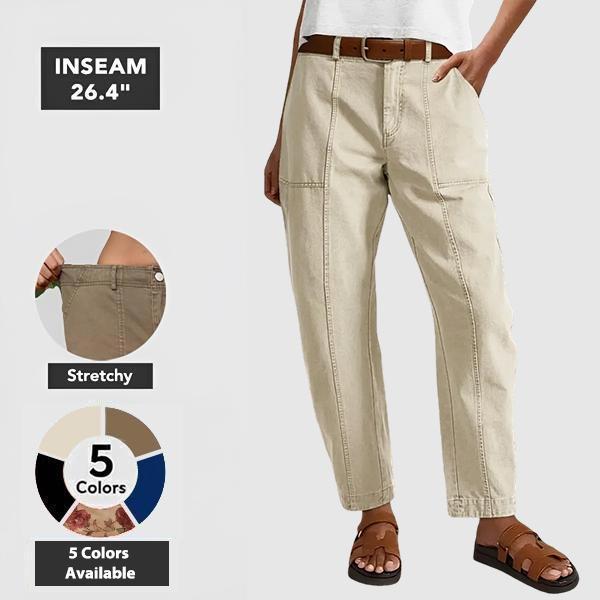 Flamingals Solid Stitch Detail Mid Waist Baby Barrel Fit Deep Pockets Pants High Stretch 26.4" Inseam Casual Women's Fashion Elevated Basic