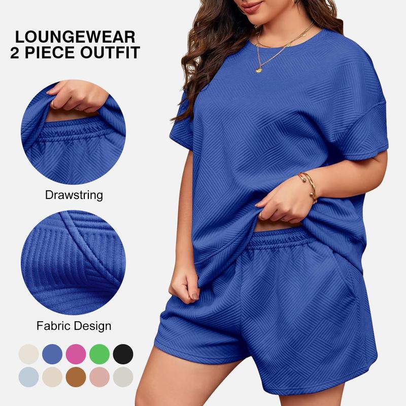 Tankaneo Womens Loungewear Set Short Sleeve Tops and Shorts 2 Piece Outfits Plus Size Oversized Pajama Set with Pockets