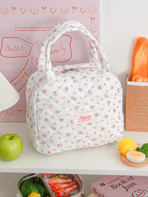 Large Capacity All Over Print Quilted Lunch Bag, Durable Lunch Bag, Zipper Lunch Bag, Lightweight & Reusable Insulated Bento Bag, Cute Bento Bag, Handheld Storage Bag with Pockets, Leak-proof Picnic Bag, Portable Lunch Bag