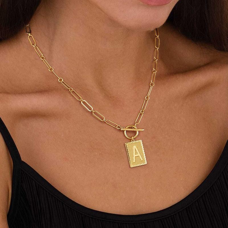 Loyalove Gold Initial Necklaces for Women Elegant Toggle Clasp Square Letter Pendant Trendy Dainty Paperclip Chain Jewelry Gifts for Special Occasions