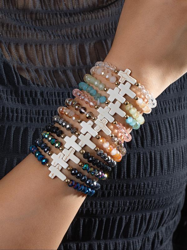 12 Piece Fashion Vintage Colorful Artificial Crystal and Turquoise Beaded Cross Pendant Multi-Layer Stackable Bracelet Set, Unisex Bracelets, Stacking Bracelet, Dainty Crystal Bracelet