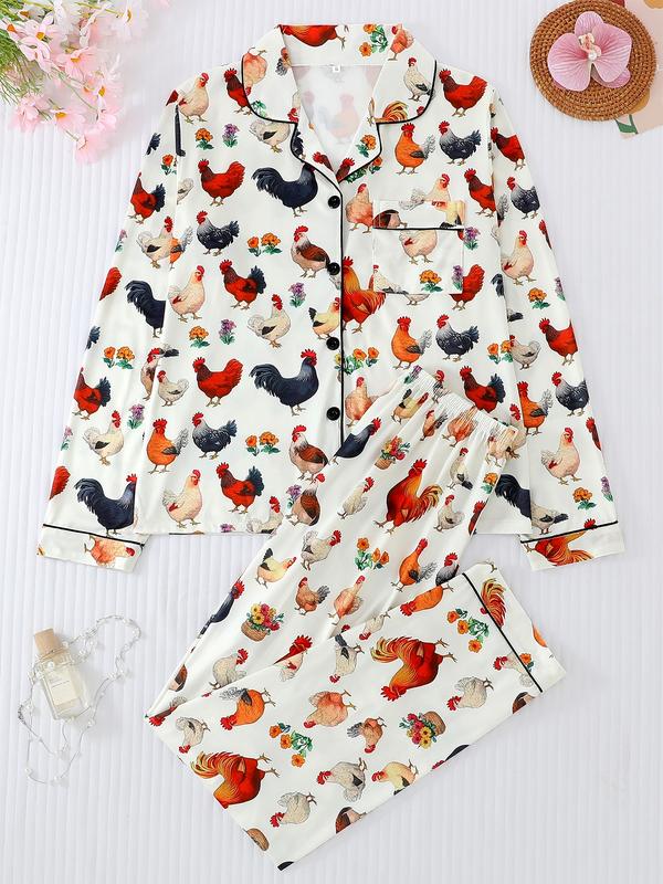 Women's Chicken Print Pajama Set, Loungewear, Homewear, Casual Long Sleeve Button-Up Top & Comfortable Pants, All-Season Home Wear, 2-Piece Sleepwear