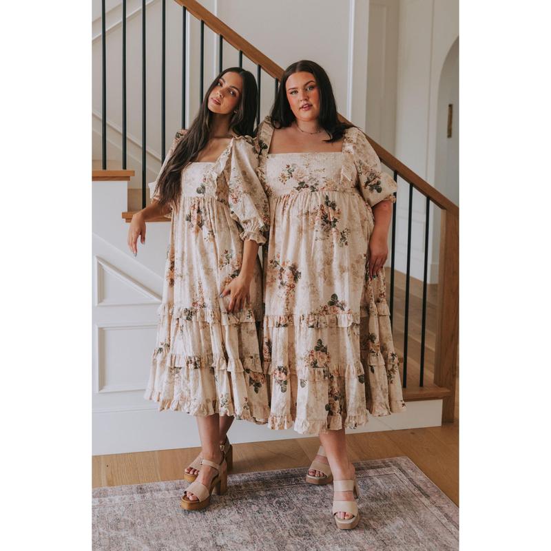 Women's Exclusive Vintage Floral Casual Dress - Comfy Fit, Pockets, Elastic Waist, Eyelet Fabric, Ruffle Sleeves, Tiered Design, Side Zipper